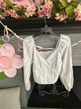 American Eagle Outfitters Light Blue & White Striped Puff-Sleeve Wrap Top
